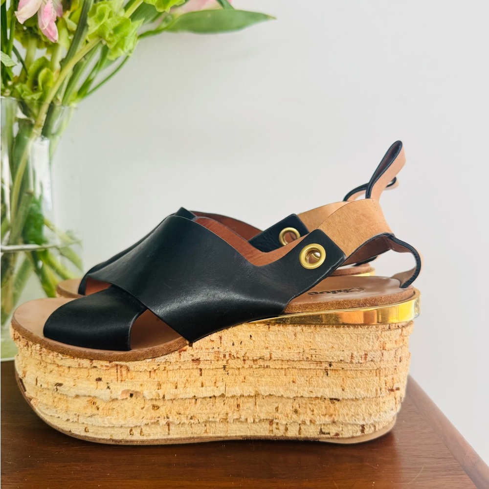 SUPER RARE Chloe Black Leather + Cork Wedges